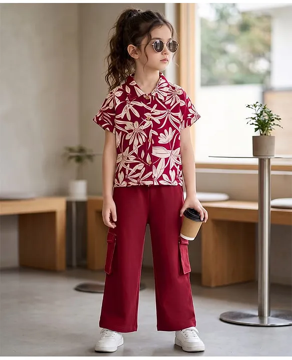 Cotton Knit Half Sleeve Top & Culottes With Floral Print - Maroon